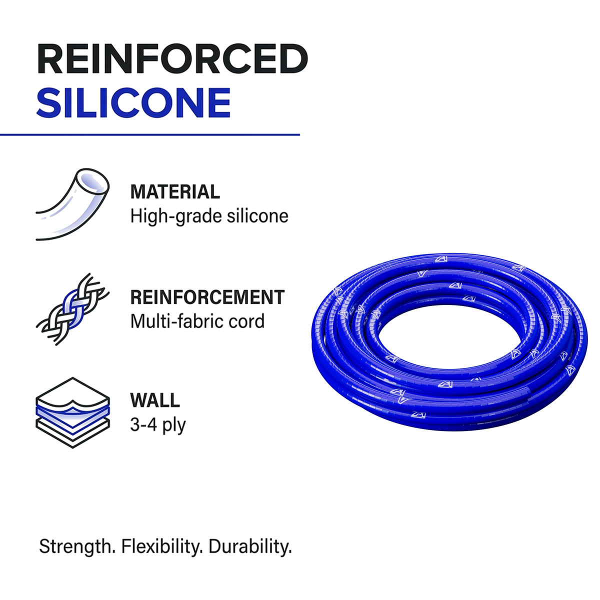 Continuous Silicone Hose - Blue - Reinforced silicone construction - multi-fabric cord, 3-4 ply