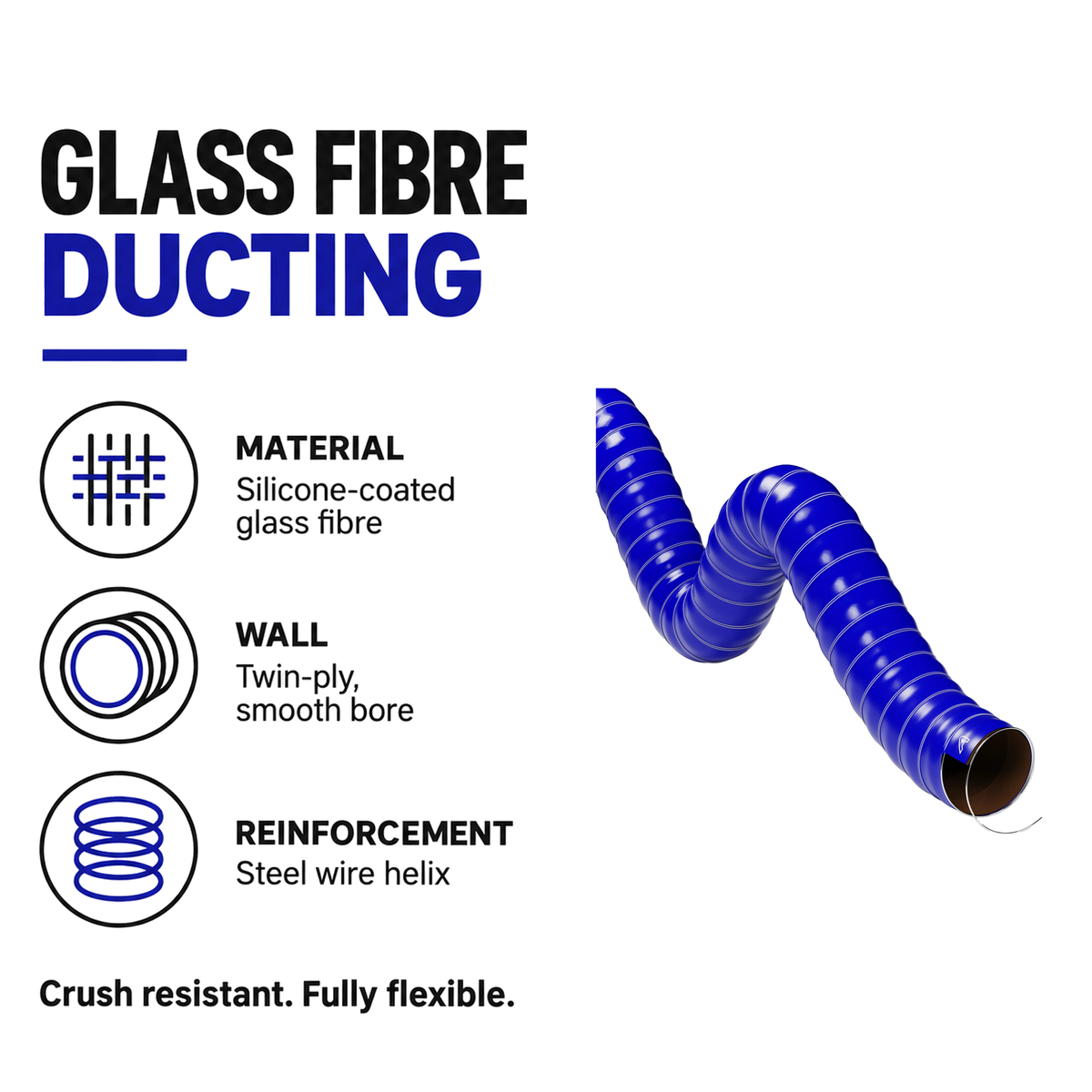 Double Layer Silicone Air Ducting - Blue - Silicone-coated glass fibre, twin-ply wall, steel wire helix