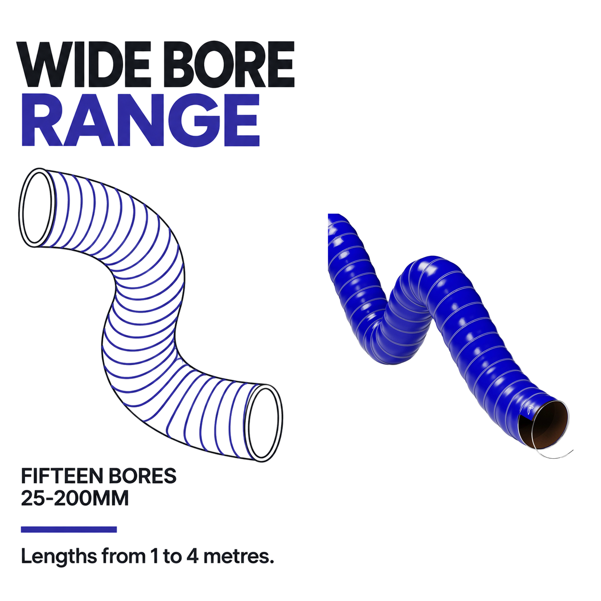 Double Layer Silicone Air Ducting - Blue - Fifteen bores 25-200mm, lengths 1-4 metres