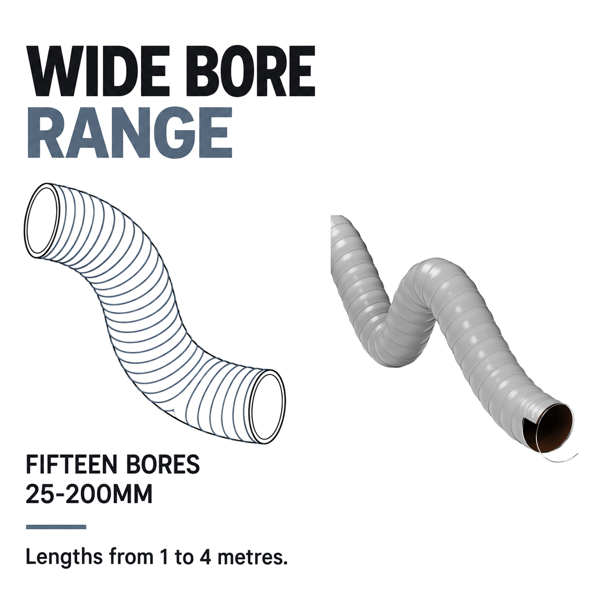 Double Layer Silicone Air Ducting - Grey - Fifteen bores 25-200mm, lengths 1-4 metres