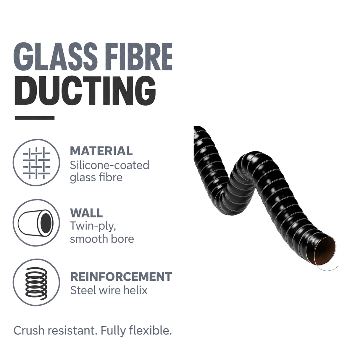Double Layer Silicone Air Ducting - Black - Silicone-coated glass fibre, twin-ply wall, steel wire helix