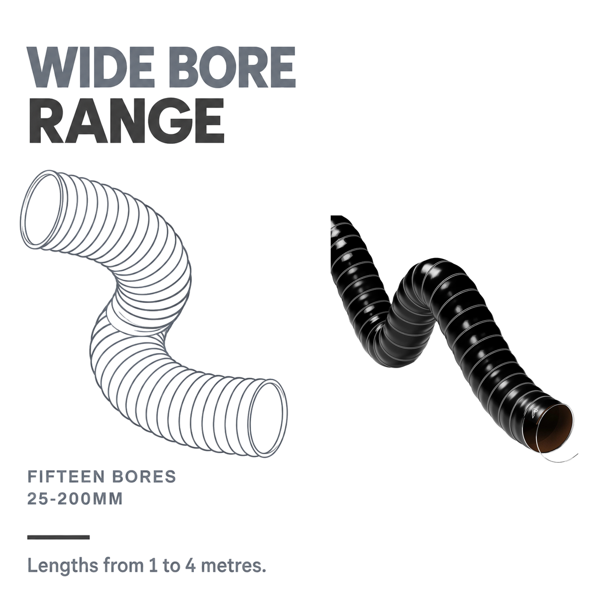 Double Layer Silicone Air Ducting - Black - Fifteen bores 25-200mm, lengths 1-4 metres