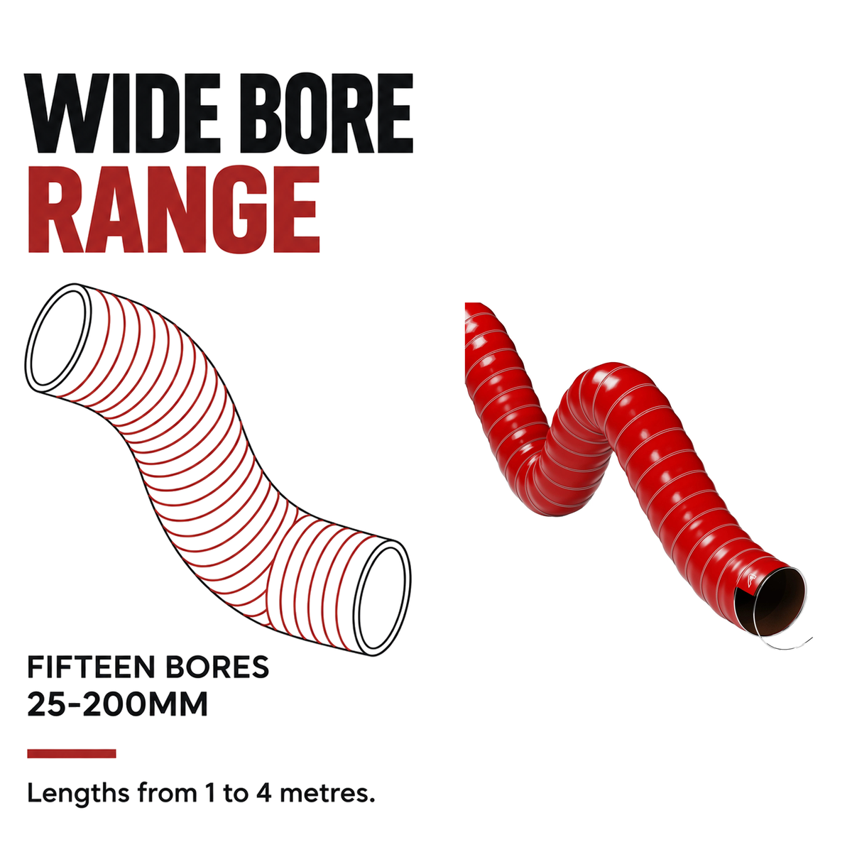 Double Layer Silicone Air Ducting - Red - Fifteen bores 25-200mm, lengths 1-4 metres