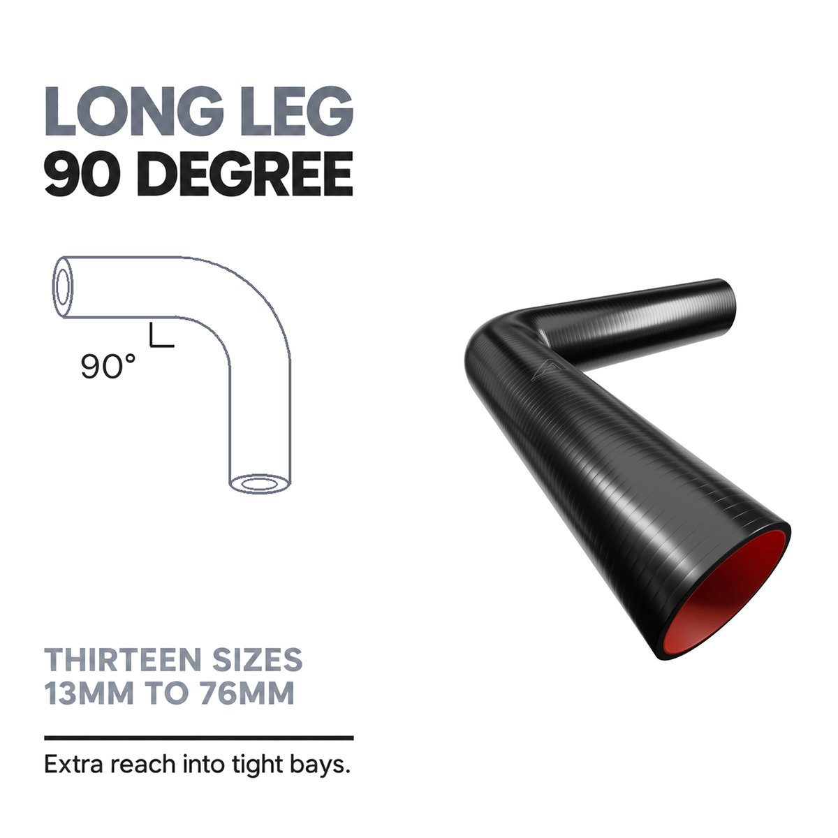 90 Degree Fuel & Oil Silicone Long Leg Elbow - Black - 90 degree long leg - thirteen sizes, 13mm to 76mm