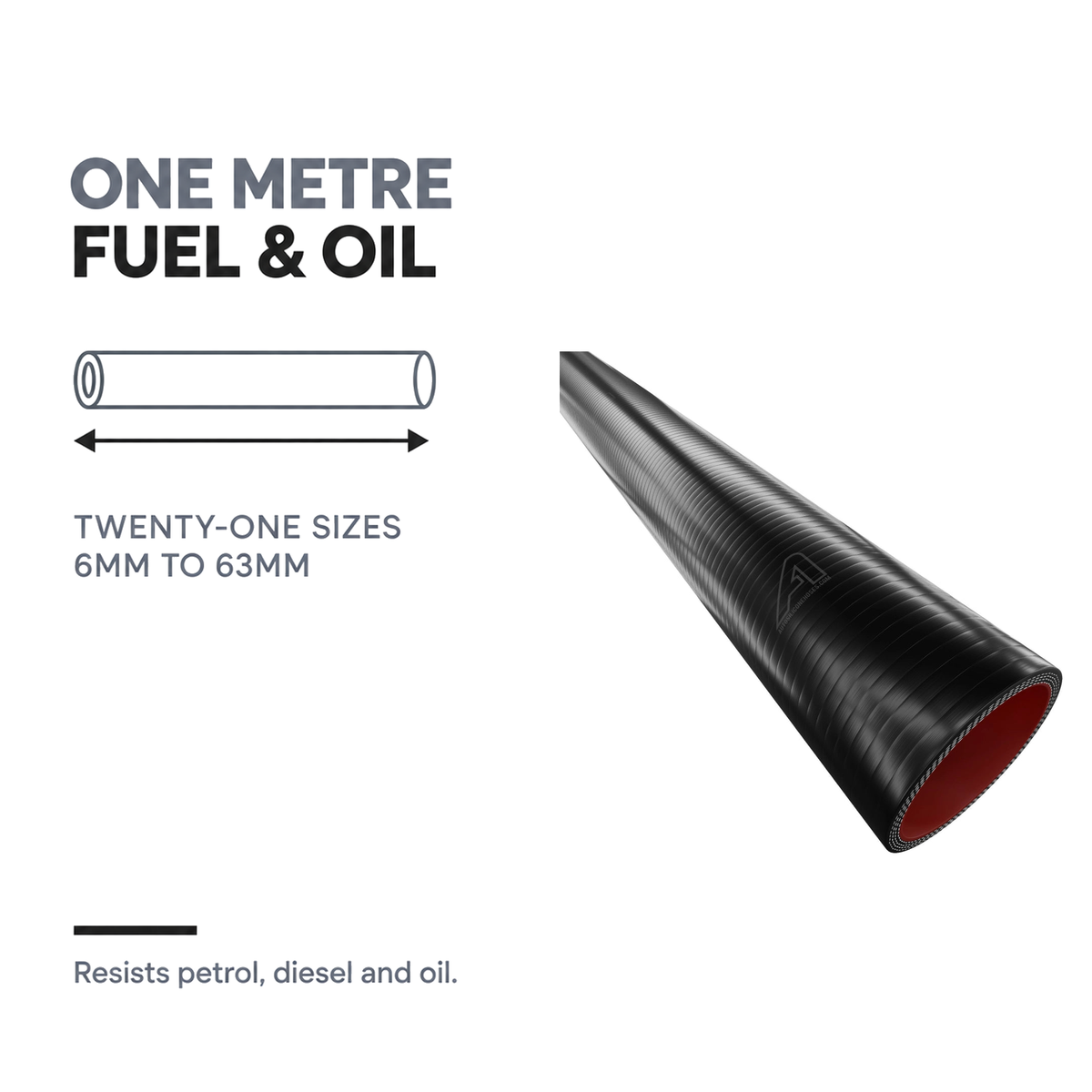 1 Metre Fuel & Oil Silicone Straight - Black - One metre length - twenty-one sizes, 6mm to 63mm
