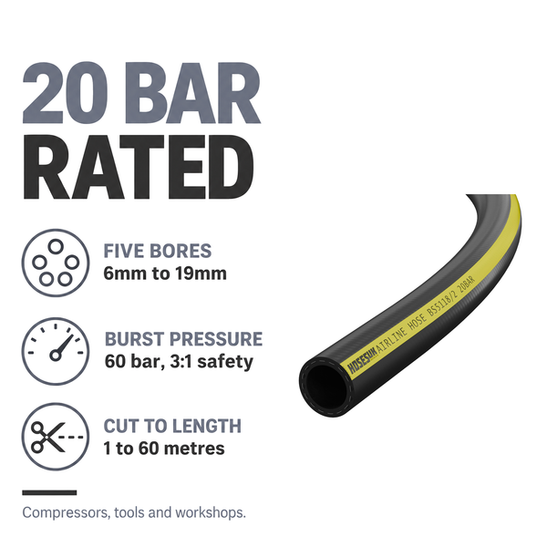 Rubber Airline Hose - Black - 20 bar rated - 5 bores 6-19mm, 60 bar burst