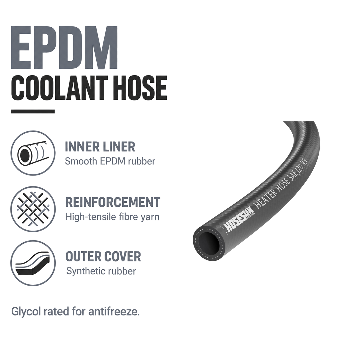 Rubber Heater Hose - Black - EPDM coolant hose - EPDM liner, fibre yarn, synthetic rubber cover