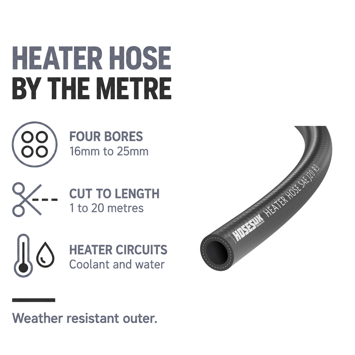 Rubber Heater Hose - Black - Heater hose by the metre - 4 bores 16-25mm