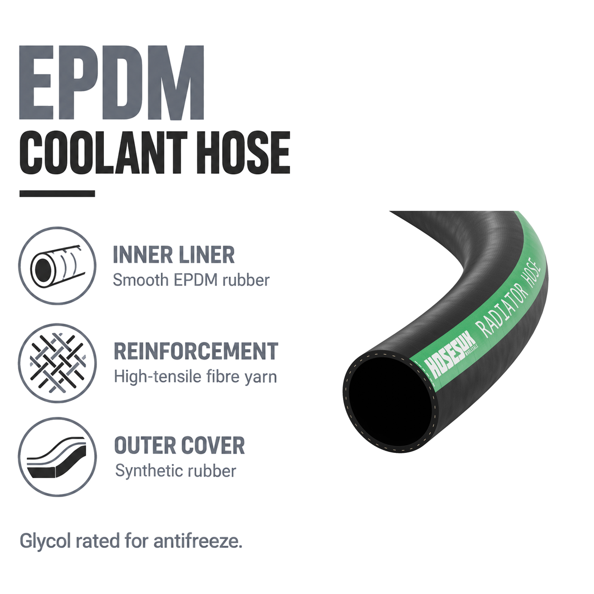 Rubber Radiator Hose - Black - EPDM coolant hose - EPDM liner, fibre yarn, synthetic rubber cover