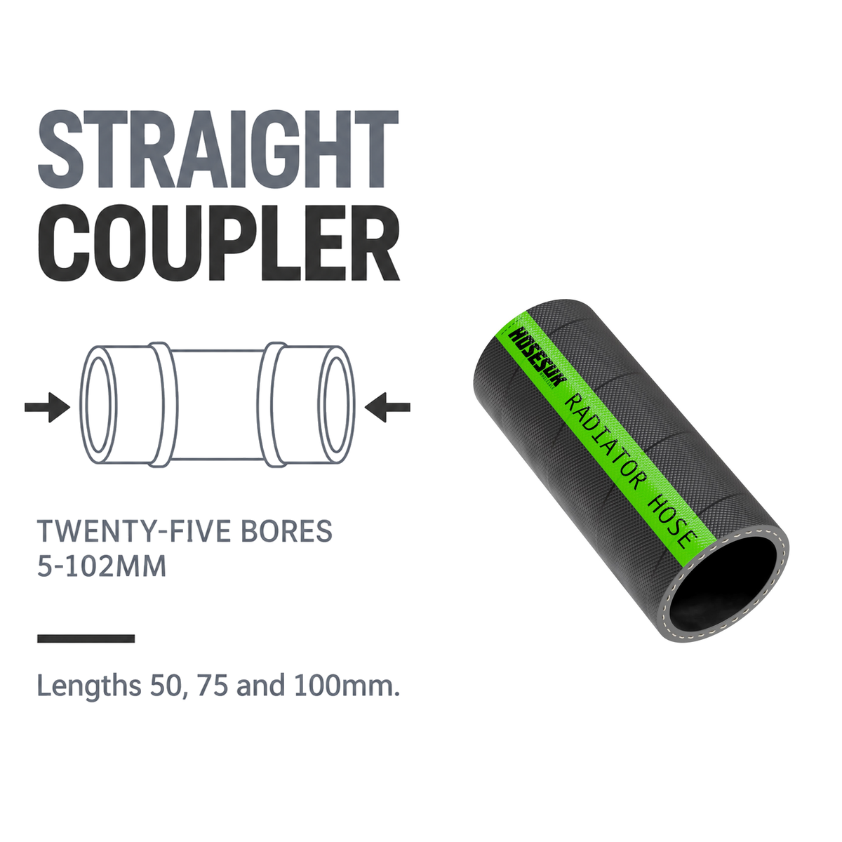 Rubber Coupling Hose Joiner 50/75/100mm Lengths - Black - Straight coupler - 25 bores 5-102mm, 50/75/100mm lengths