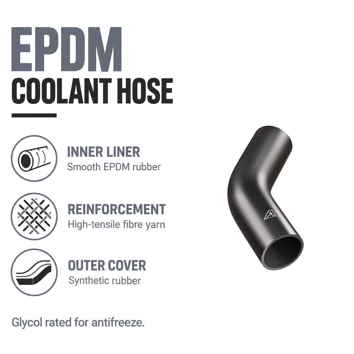 Rubber 45 Degree Radiator Elbows - Black - EPDM coolant hose - EPDM liner, fibre yarn, synthetic rubber cover