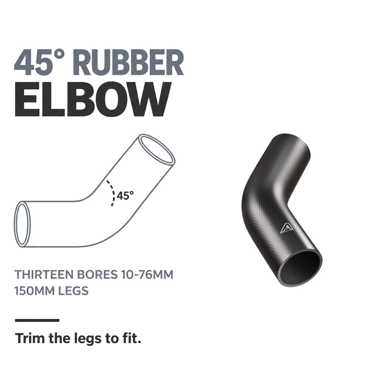 Rubber 45 Degree Radiator Elbows - Black - 45 degree rubber elbow - 13 bores 10-76mm, 150mm legs