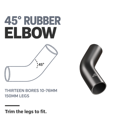 Rubber 45 Degree Radiator Elbows - Black - 45 degree rubber elbow - 13 bores 10-76mm, 150mm legs