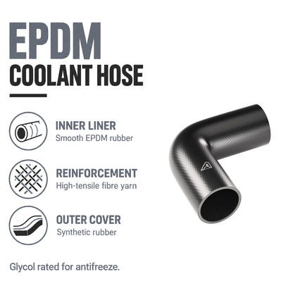 Rubber 90 Degree Radiator Elbows - Black - EPDM coolant hose - EPDM liner, fibre yarn, synthetic rubber cover