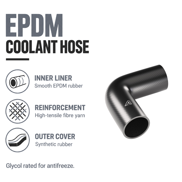 Rubber 90 Degree Radiator Elbows - Black - EPDM coolant hose - EPDM liner, fibre yarn, synthetic rubber cover