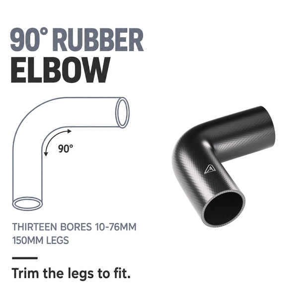 Rubber 90 Degree Radiator Elbows - Black - 90 degree rubber elbow - 13 bores 10-76mm, 150mm legs
