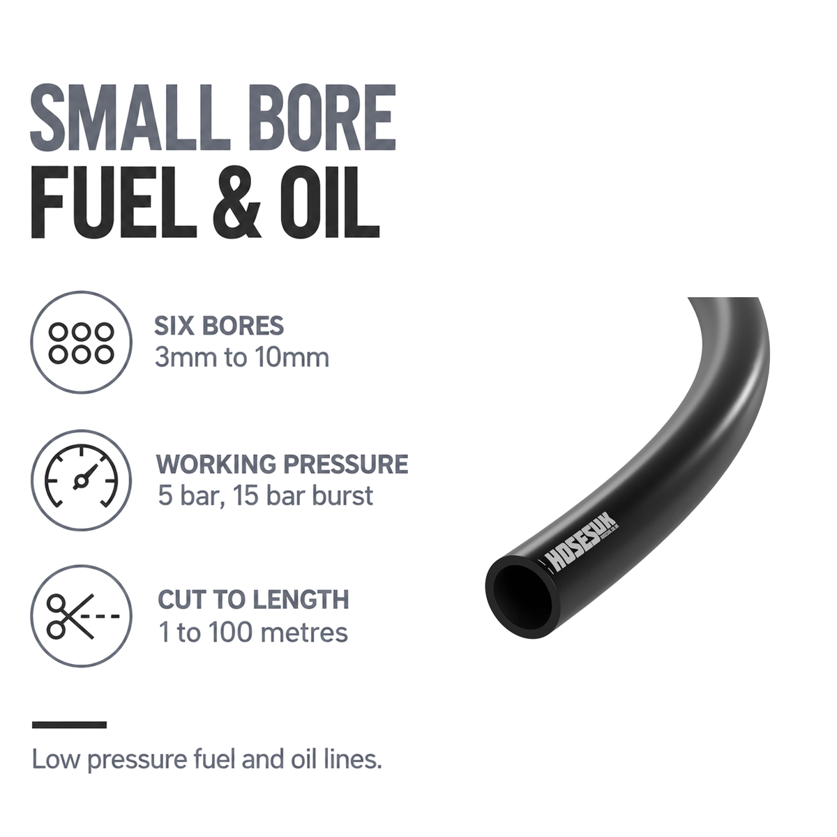 Rubber Unreinforced Fuel & Oil Hose - Black - Small bore fuel and oil - 6 bores 3-10mm, 5 bar