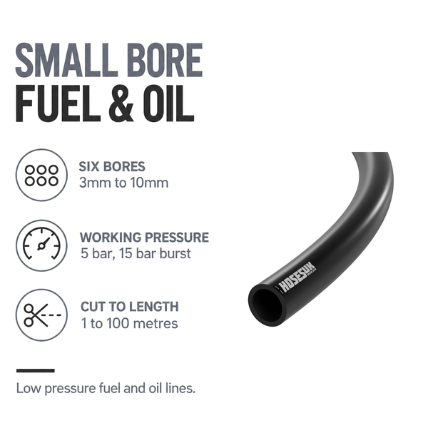 Rubber Unreinforced Fuel & Oil Hose - Black - Small bore fuel and oil - 6 bores 3-10mm, 5 bar