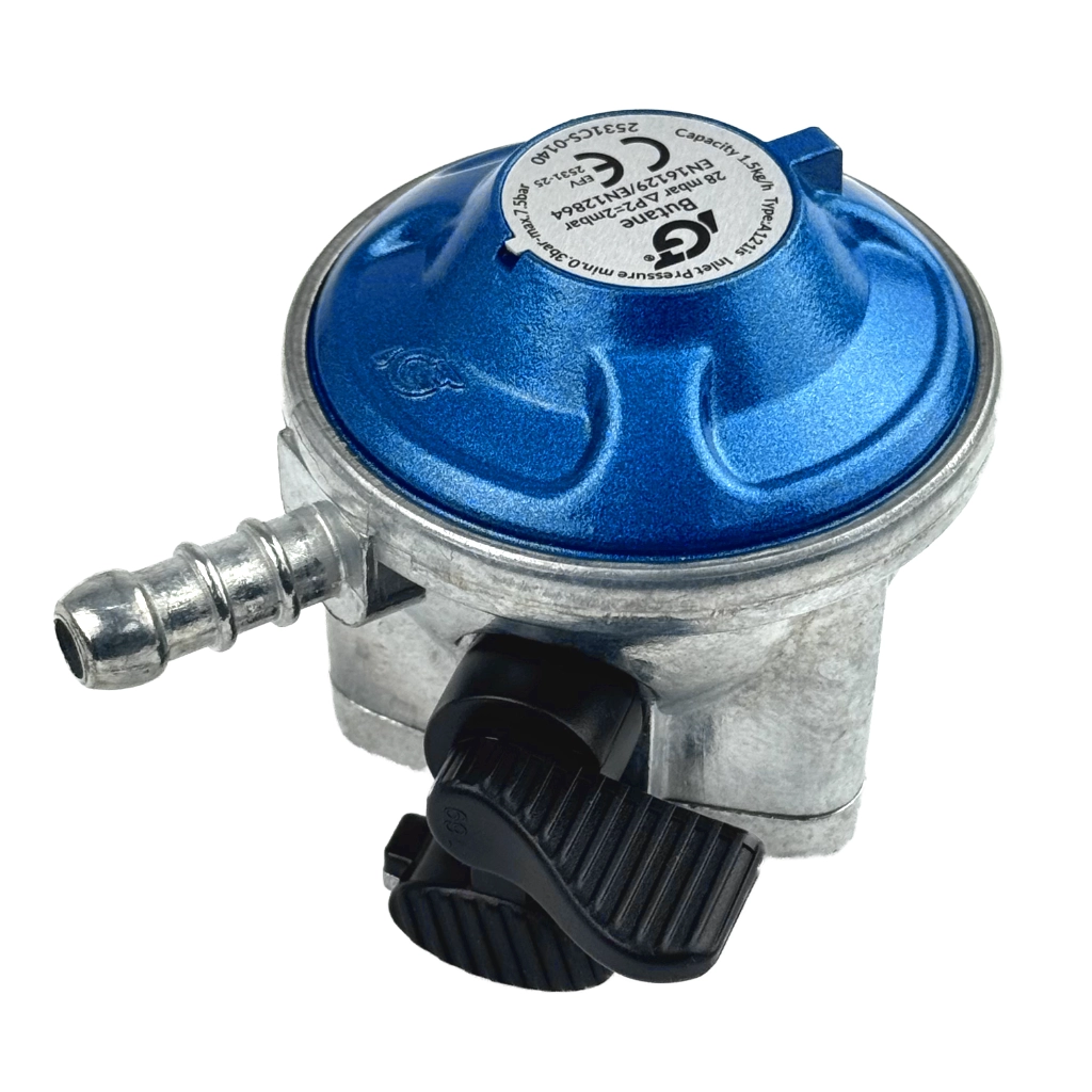 Low Pressure 21mm Butane Clip On Gas Regulator 28mbar Auto Silicone Hoses