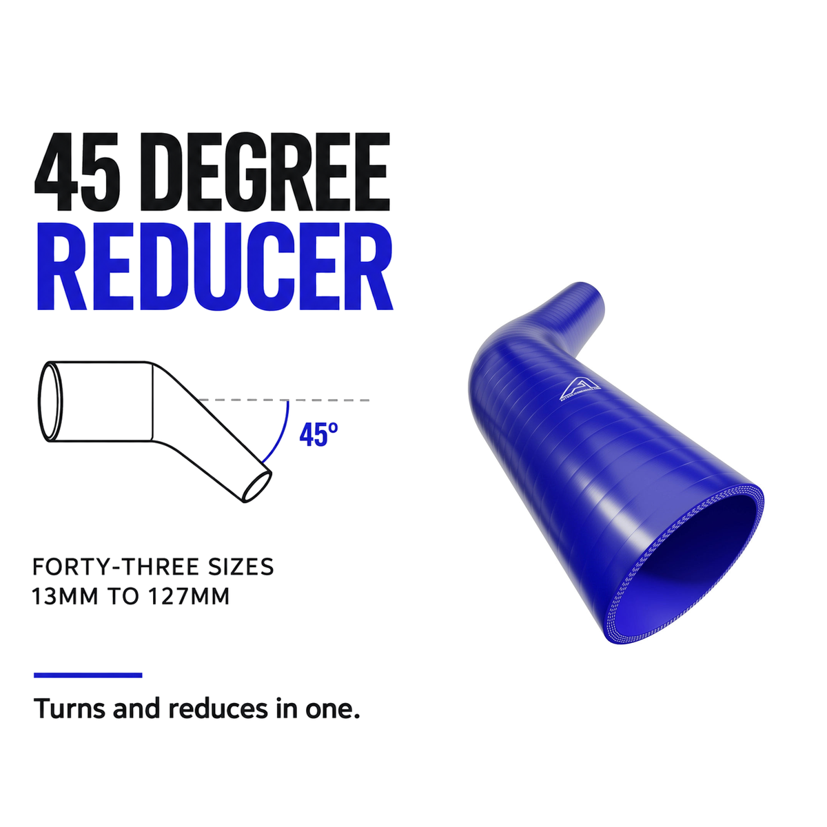 45 Degree Reducing Silicone Elbow Hose - Blue - 45 degree reducing bend - forty-three sizes, 13mm to 127mm