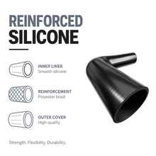 90 Degree Reducing Silicone Elbow Hose - Black - Reinforced silicone construction - polyester braid, smooth inner liner