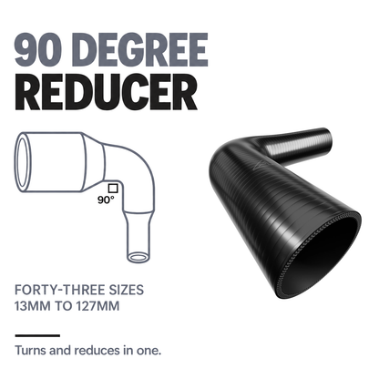 90 Degree Reducing Silicone Elbow Hose - Black - 90 degree reducing bend - forty-three sizes, 13mm to 127mm