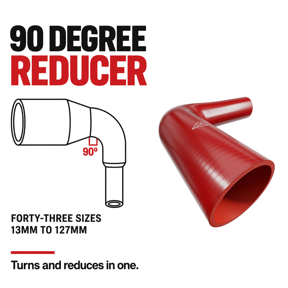 90 Degree Reducing Silicone Elbow Hose - Red - 90 degree reducing bend - forty-three sizes, 13mm to 127mm