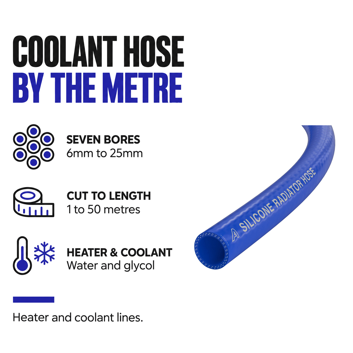 Silicone Radiator 2 Ply Hose - Blue - Coolant hose by the metre - seven bores 6-25mm, 1-50 metres