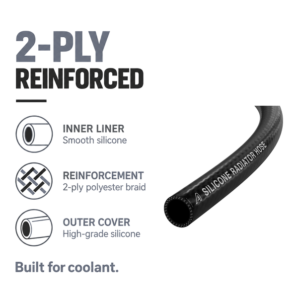 Silicone Radiator 2 Ply Hose - Black - 2-ply reinforced - polyester braid, smooth silicone liner