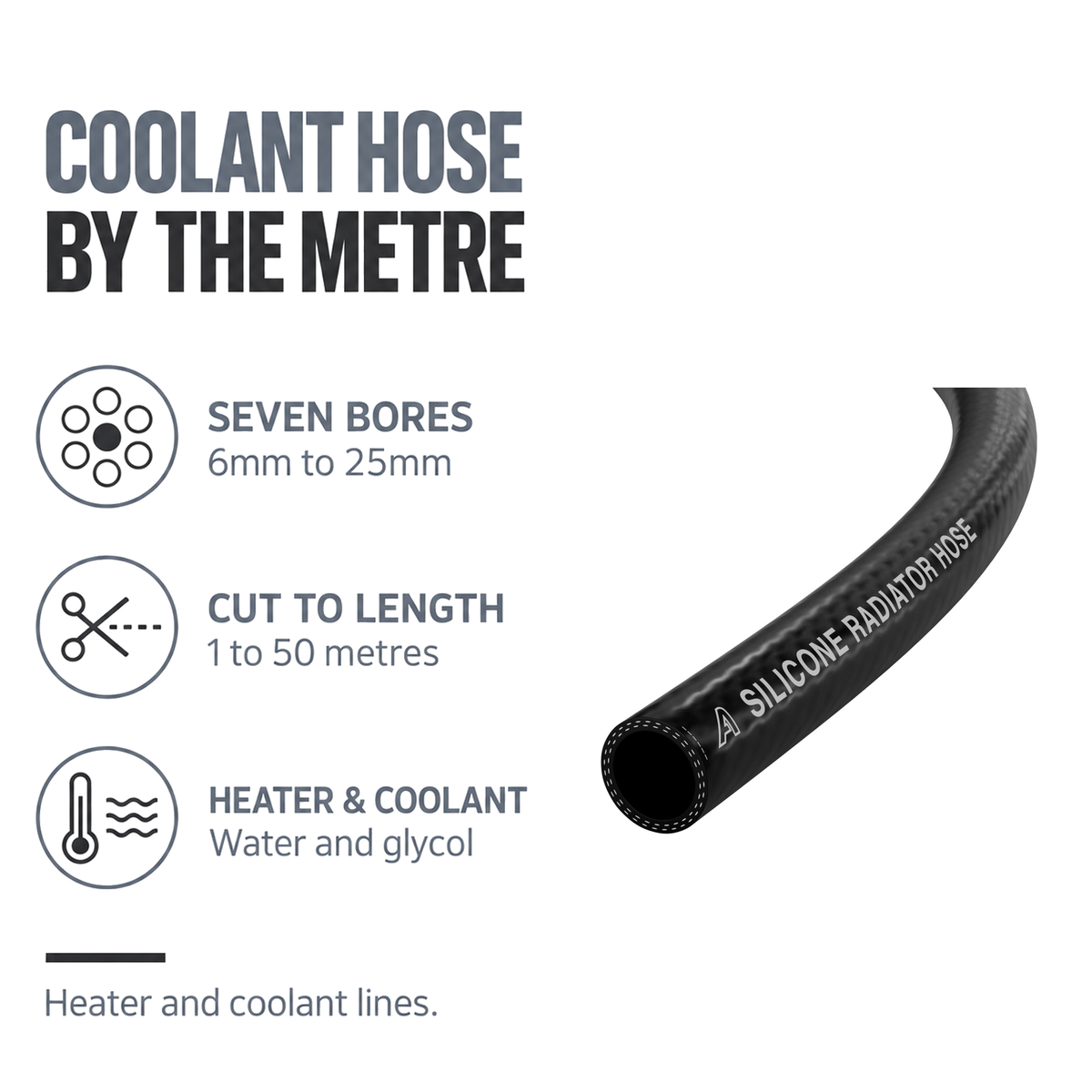 Silicone Radiator 2 Ply Hose - Black - Coolant hose by the metre - seven bores 6-25mm, 1-50 metres