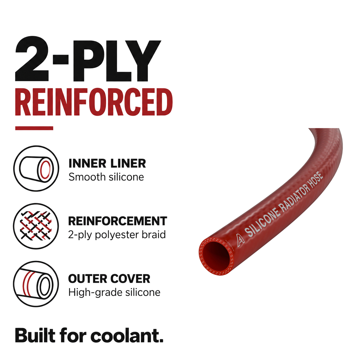 Silicone Radiator 2 Ply Hose - Red - 2-ply reinforced - polyester braid, smooth silicone liner