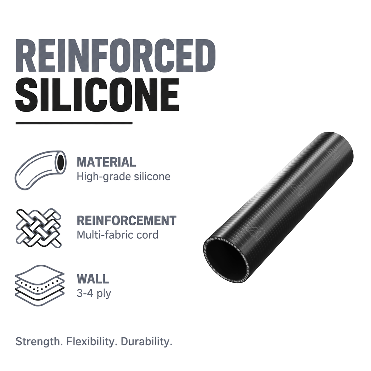 Silicone Coupling Hose - Black - Reinforced silicone - 3-4 ply multi-fabric cord