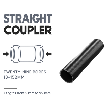 Silicone Coupling Hose - Black - Straight coupler - twenty-nine bores, 13-152mm, lengths 50-950mm