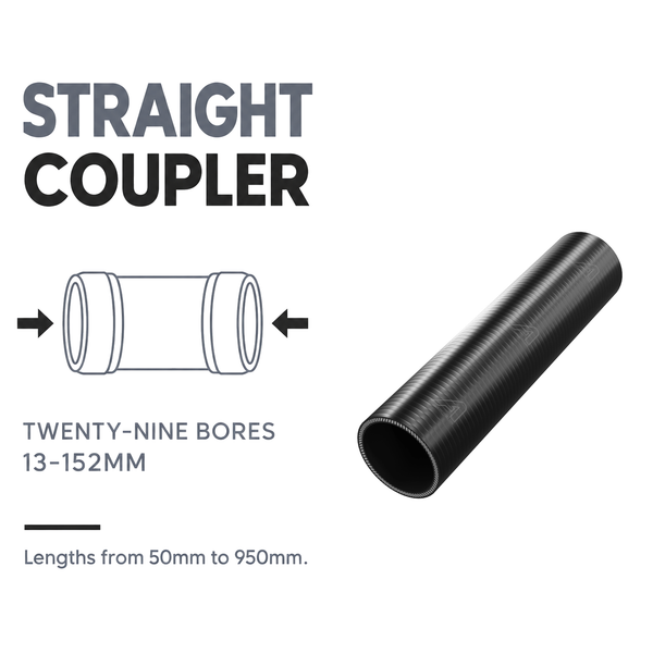 Silicone Coupling Hose - Black - Straight coupler - twenty-nine bores, 13-152mm, lengths 50-950mm