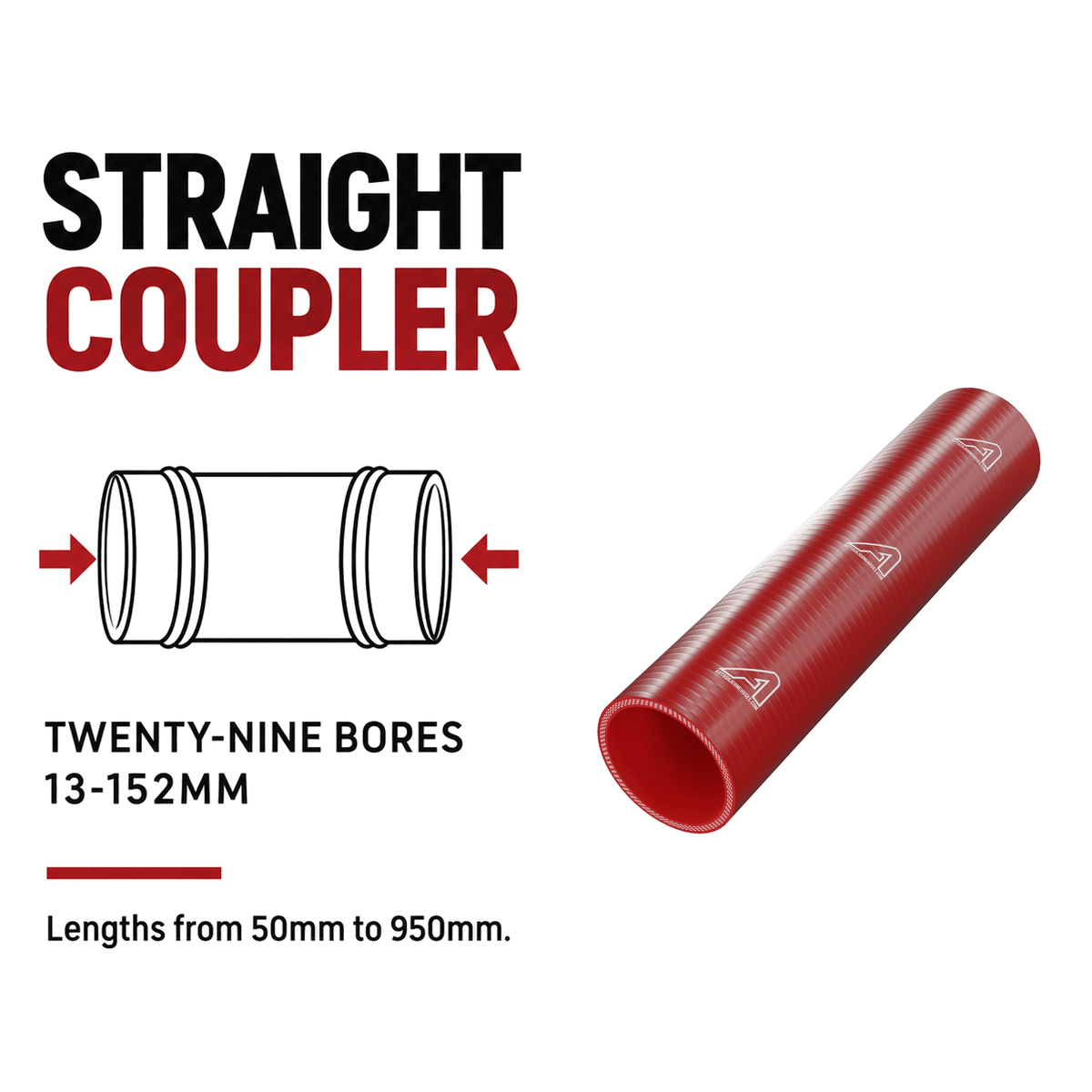 Silicone Coupling Hose - Red - Straight coupler - twenty-nine bores, 13-152mm, lengths 50-950mm