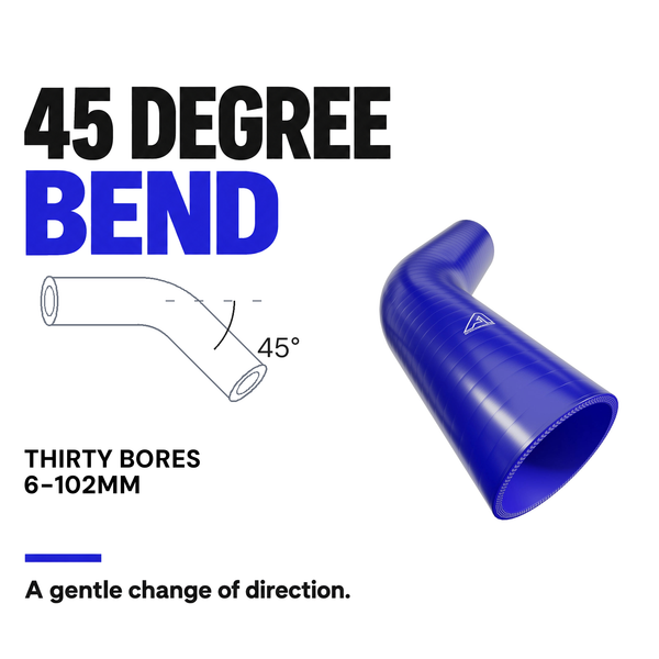 45 Degree Silicone Elbow Hose - Blue - 45 Degree bend - thirty bores, 6-102mm