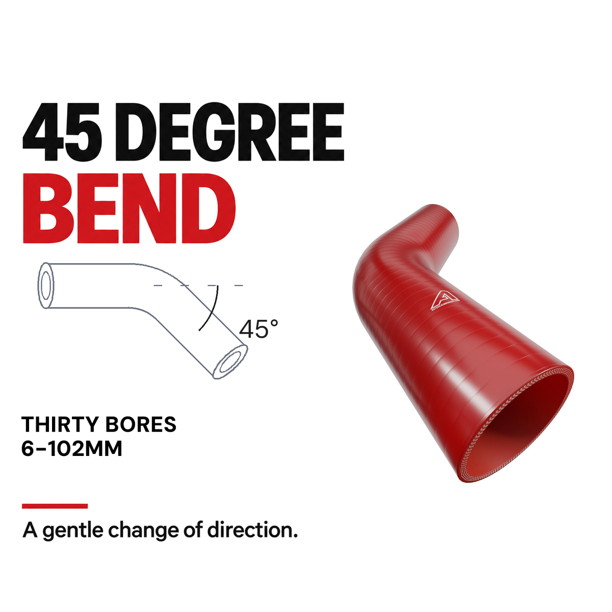 45 Degree Silicone Elbow Hose - Red - 45 Degree bend - thirty bores, 6-102mm