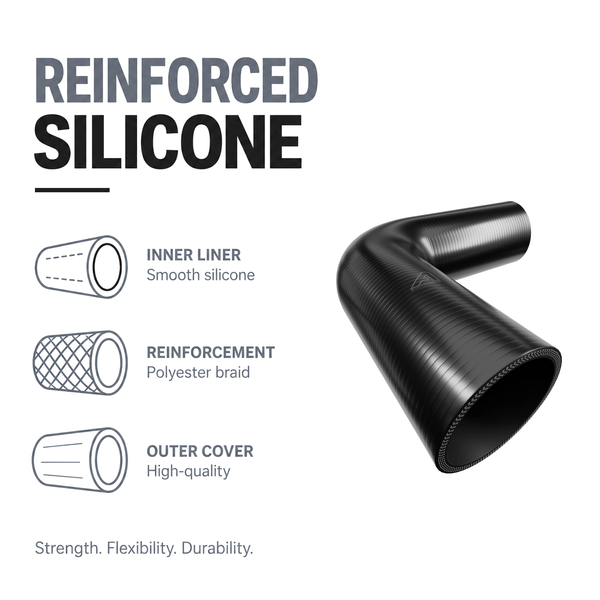 90 Degree Silicone Elbow Hose - Black - Reinforced silicone construction - polyester braid, smooth inner liner