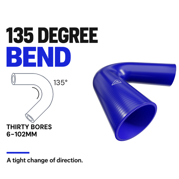 135 Degree Silicone Elbow Hose - Blue - 135 Degree bend - thirty bores, 6-102mm