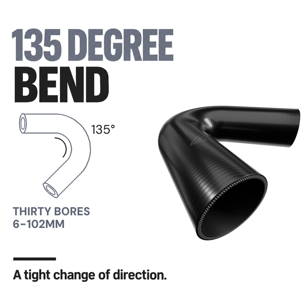 135 Degree Silicone Elbow Hose - Black - 135 Degree bend - thirty bores, 6-102mm