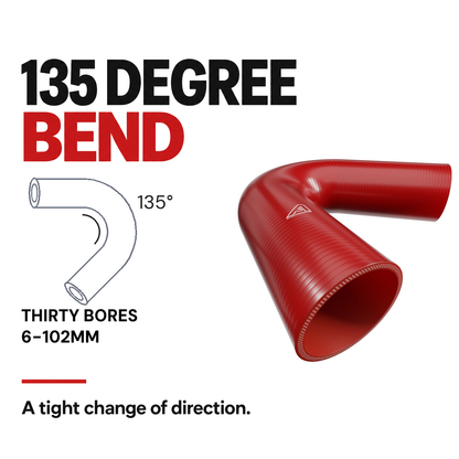 135 Degree Silicone Elbow Hose - Red - 135 Degree bend - thirty bores, 6-102mm