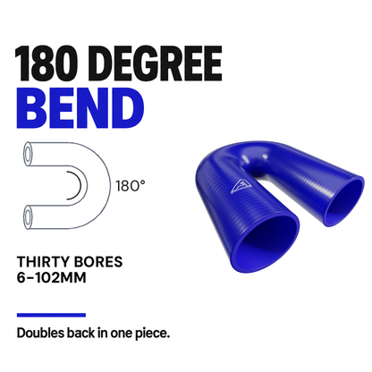 180 Degree Silicone Elbow Hose - Blue - 180 Degree bend - thirty bores, 6-102mm