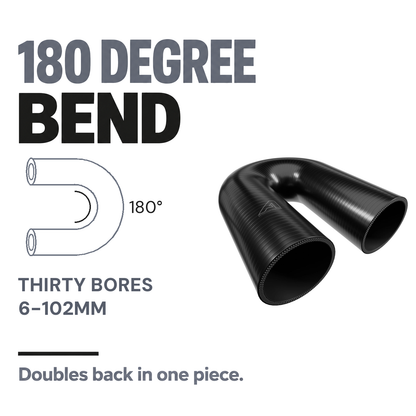 180 Degree Silicone Elbow Hose - Black - 180 Degree bend - thirty bores, 6-102mm