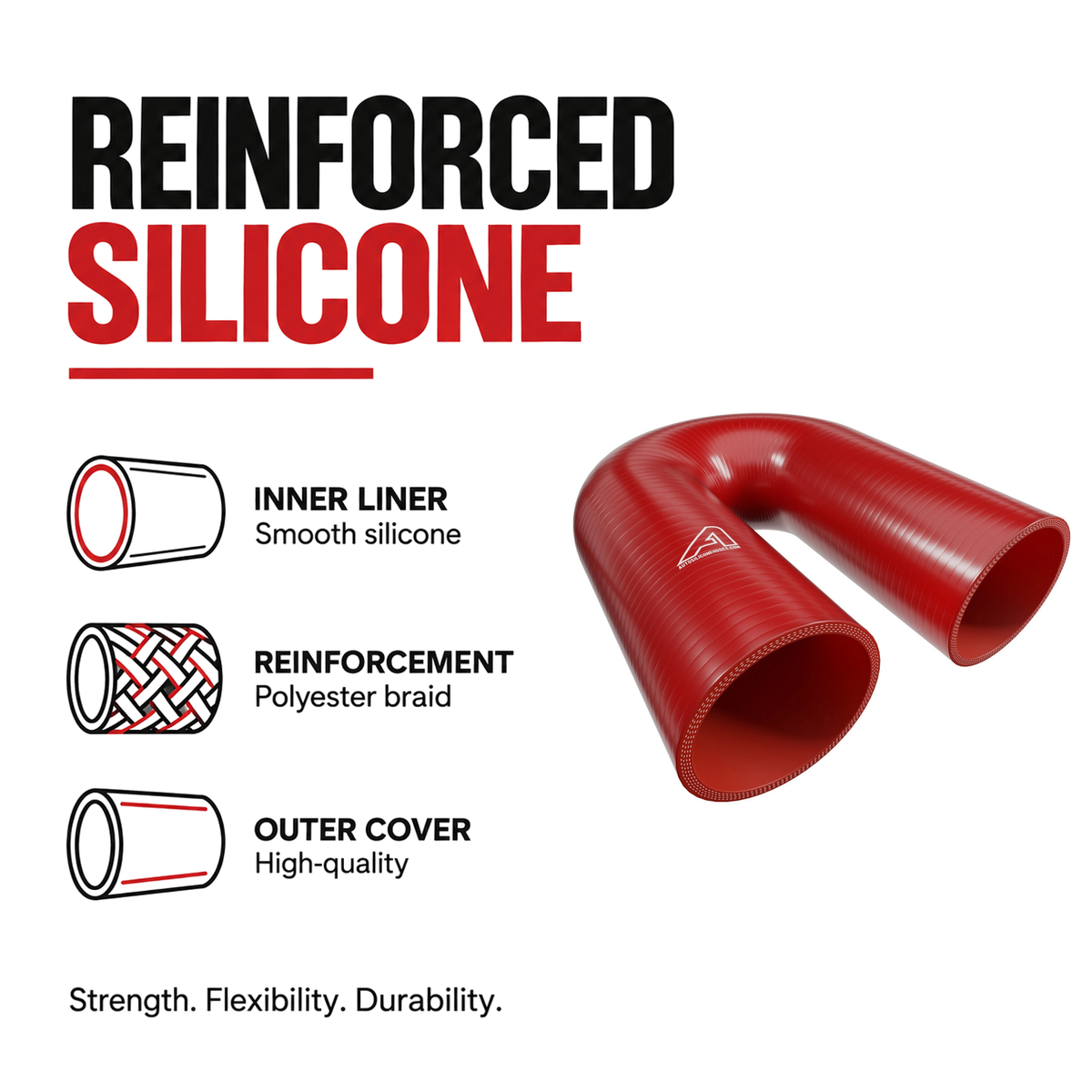 180 Degree Silicone Elbow Hose - Red - Reinforced silicone construction - polyester braid, smooth inner liner