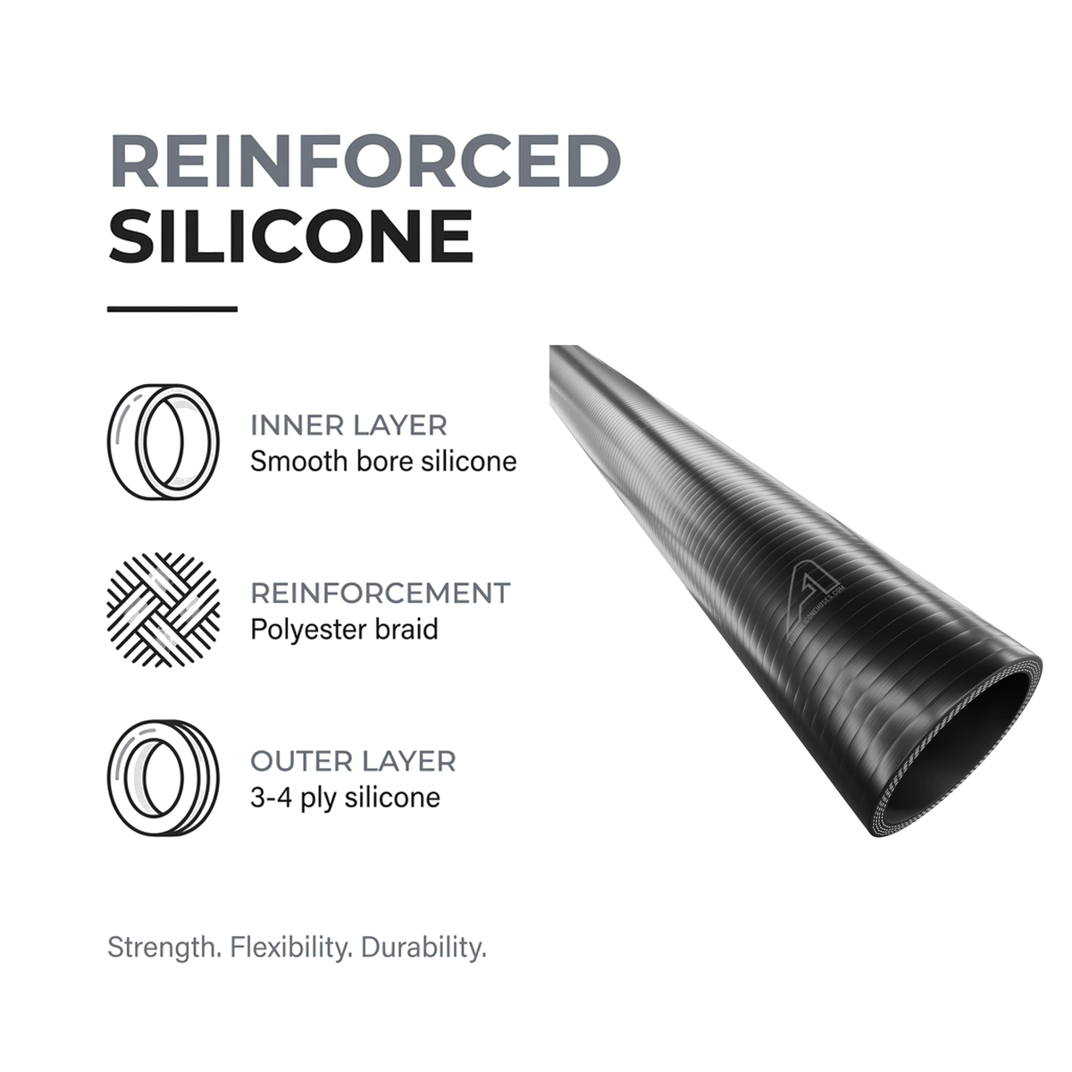 1 Metre Straight Silicone Hose - Black - Reinforced silicone construction - smooth bore, polyester braid