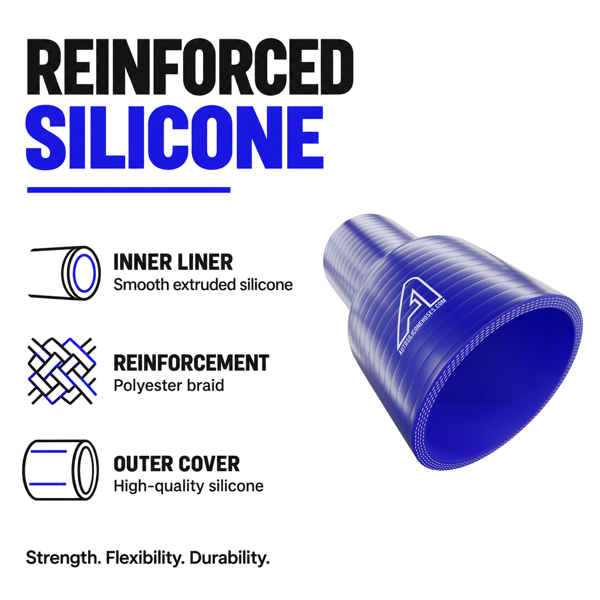 Straight Reducing Silicone Hose - Blue - Reinforced silicone construction - polyester braid, smooth inner liner