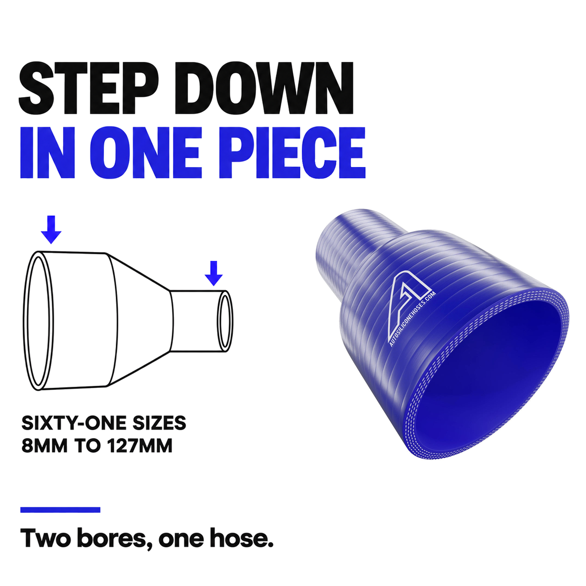 Straight Reducing Silicone Hose - Blue - Step down in one piece - sixty-one sizes, 8mm to 127mm