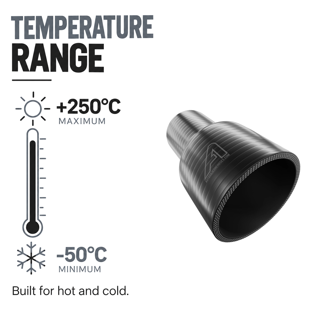 Straight Reducing Silicone Hose - Black - Temperature range -50°C to +250°C