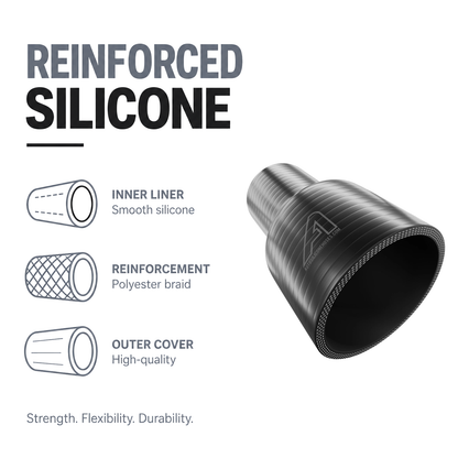 Straight Reducing Silicone Hose - Black - Reinforced silicone construction - polyester braid, smooth inner liner