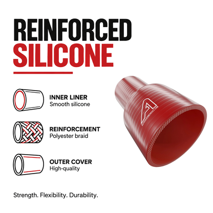 Straight Reducing Silicone Hose - Red - Reinforced silicone construction - polyester braid, smooth inner liner